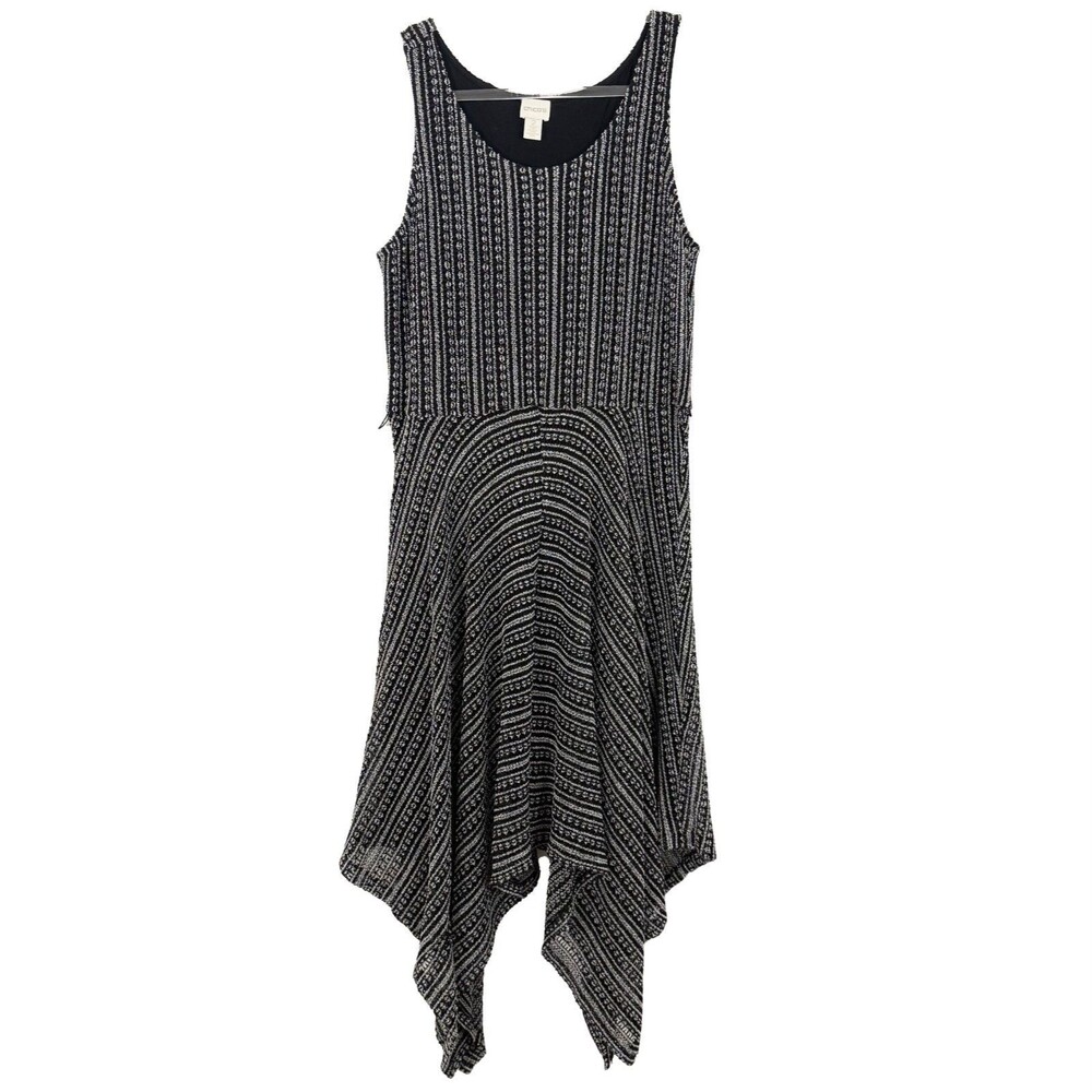 CHICO’S Striped Knit Asymmetrical Hem Handkerchief Dress Size 2 Black White B8